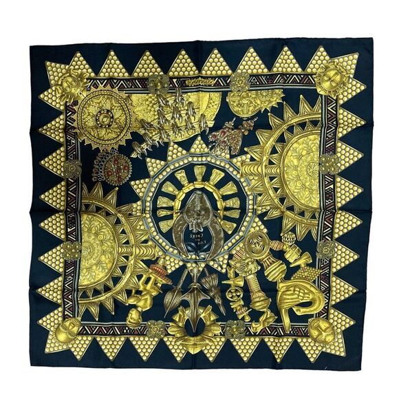 Hermes Kare90 L’OR DES Chefs Chiefs’ Gold Silk Scarf Black Ladies Used - Picture 4 of 7